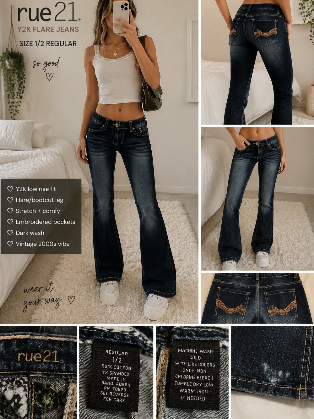 💕Rue21 Dark Blue Flare Jeans with Embroidered Back Pockets💕
